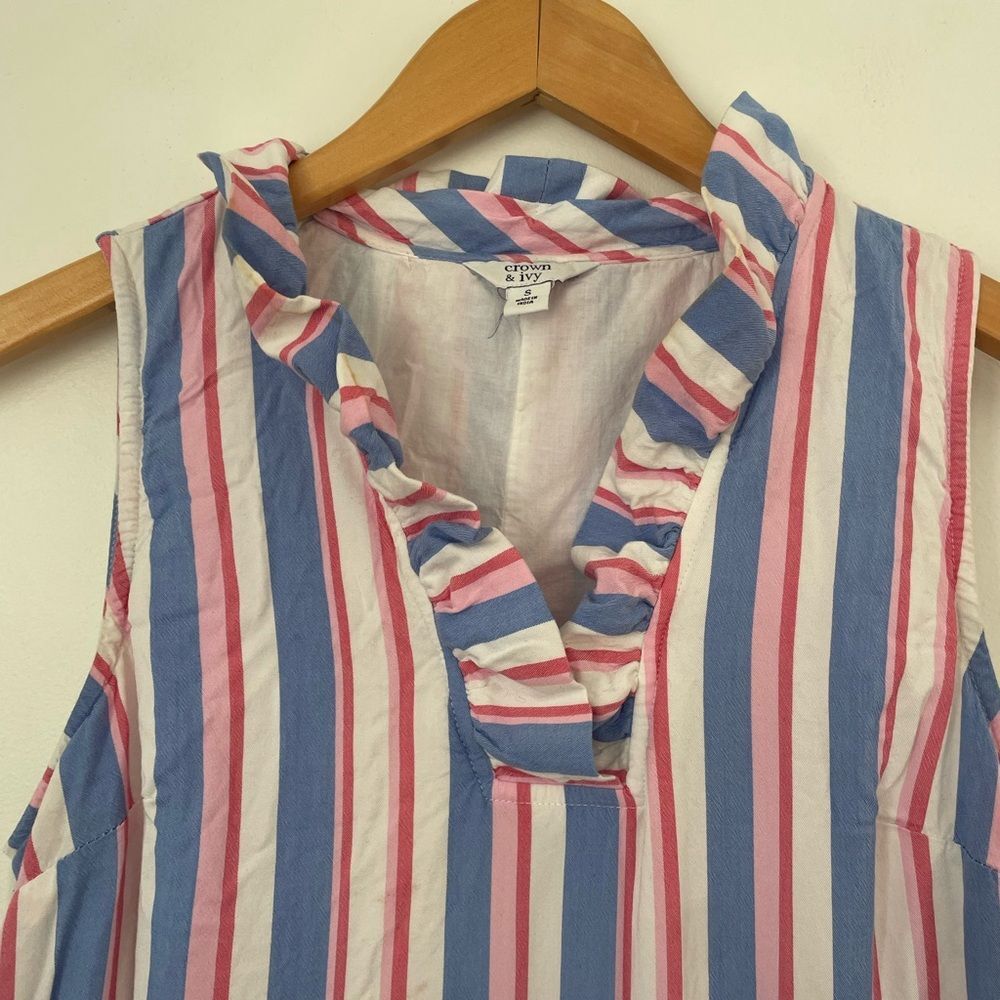 Crown & Ivy Women’s Striped Sleeveless Ruffle Neck Lined Dress Size Small preppy - Picture 3 of 9